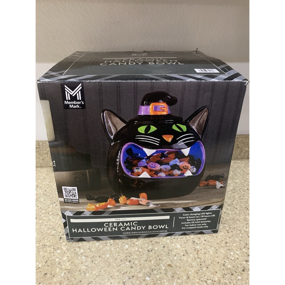 Member's Mark Pre-Lit Ceramic Halloween Candy Bowl Black Cat Witch New In Box